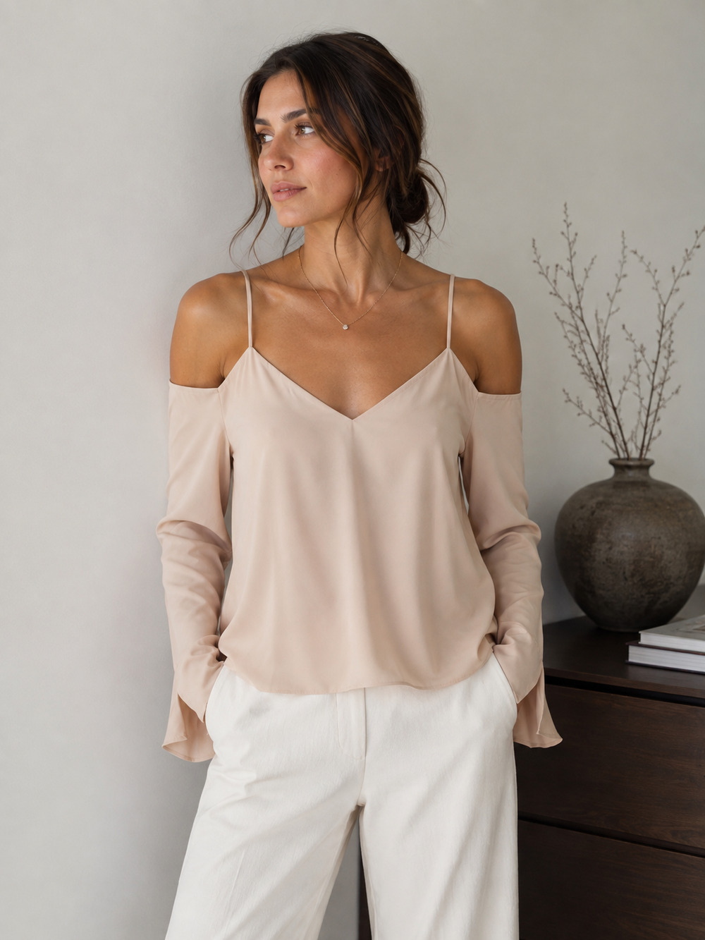Minimalist luxe faminine C/MEO collective off shoulder top beige Size XS career